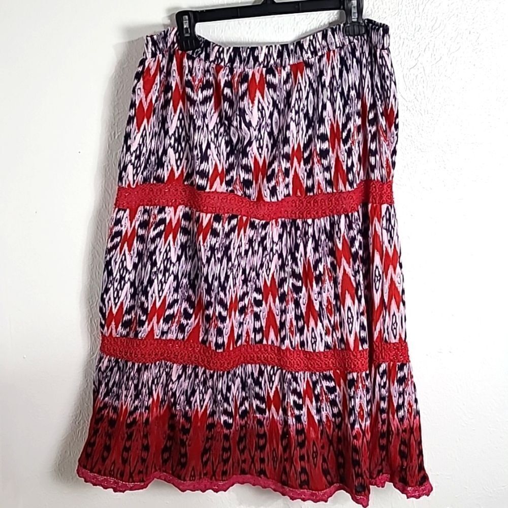 R Q T Boho Maxi-Skirt, Navy, Red,White Print & Red Embroidered Accents, Size XL